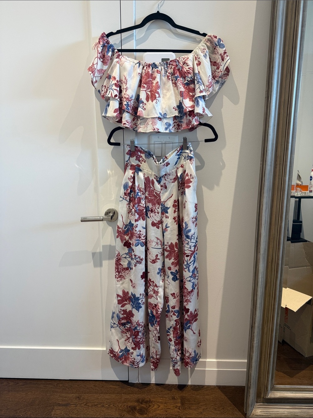 Misa Los Angeles Cream Wide-Leg Top and Pants with Red & Blue Floral Print